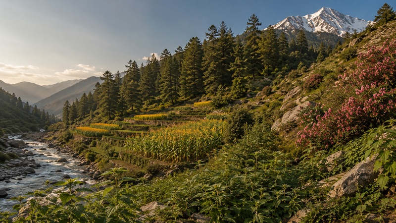 Himalayan mountainside near Chamba showing river, terraced farmland, forest and alpine slope