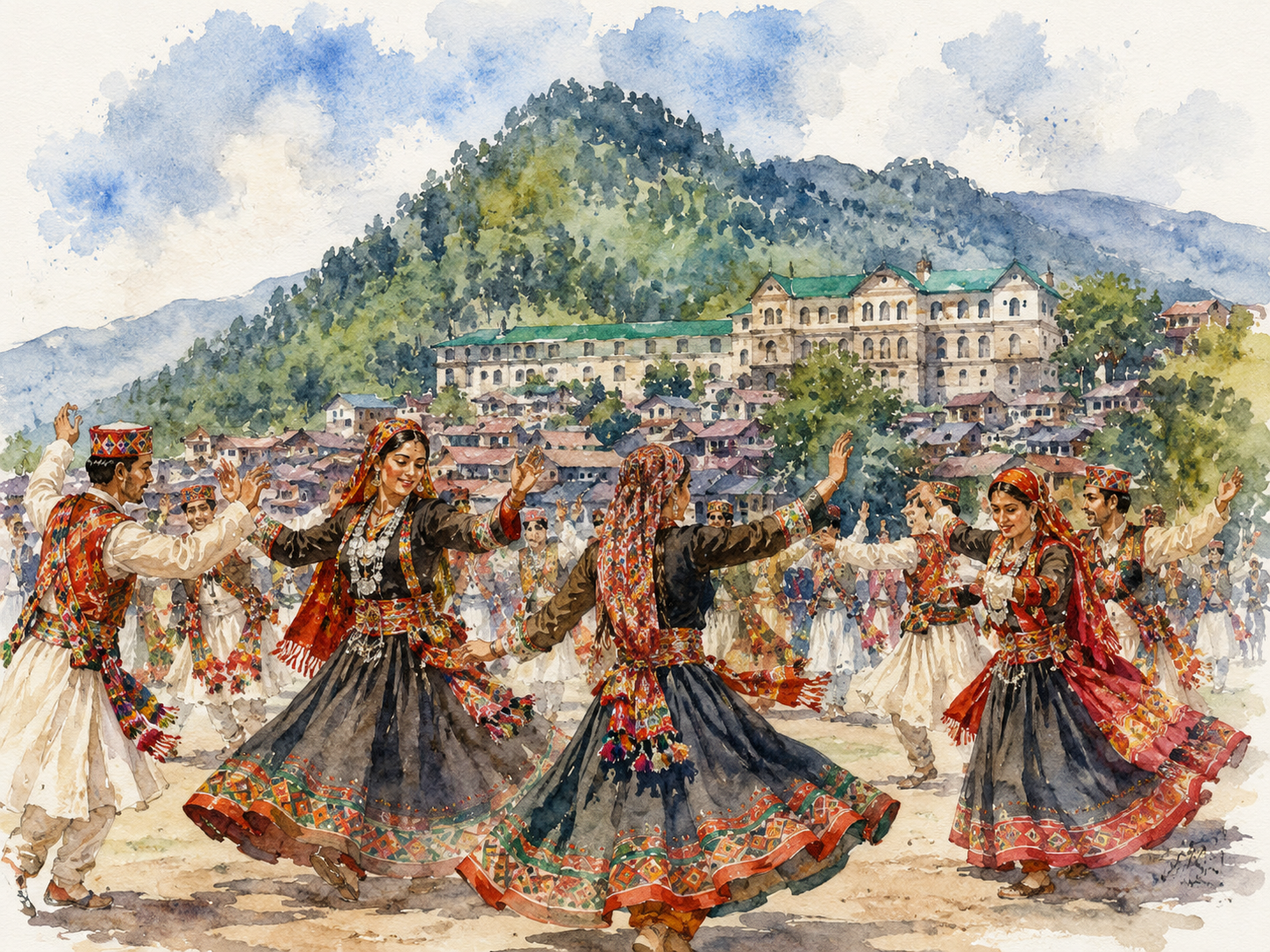 Chamba villagers dancing in traditional dress before the hillside town