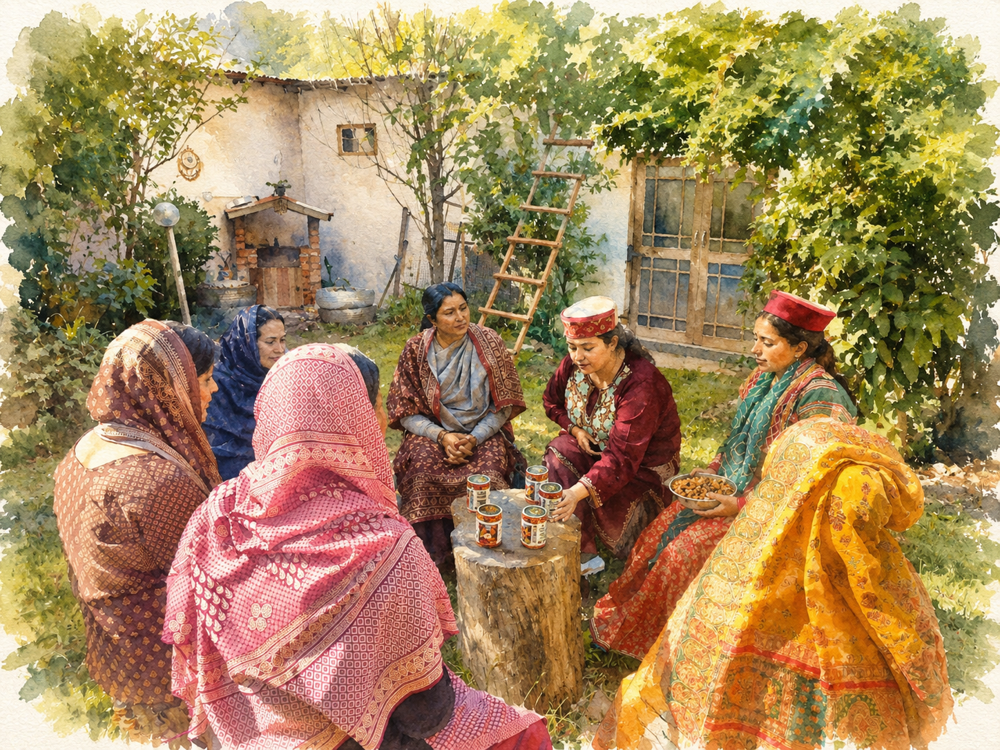 HimSakhis gathered around Chamba tins in a village courtyard